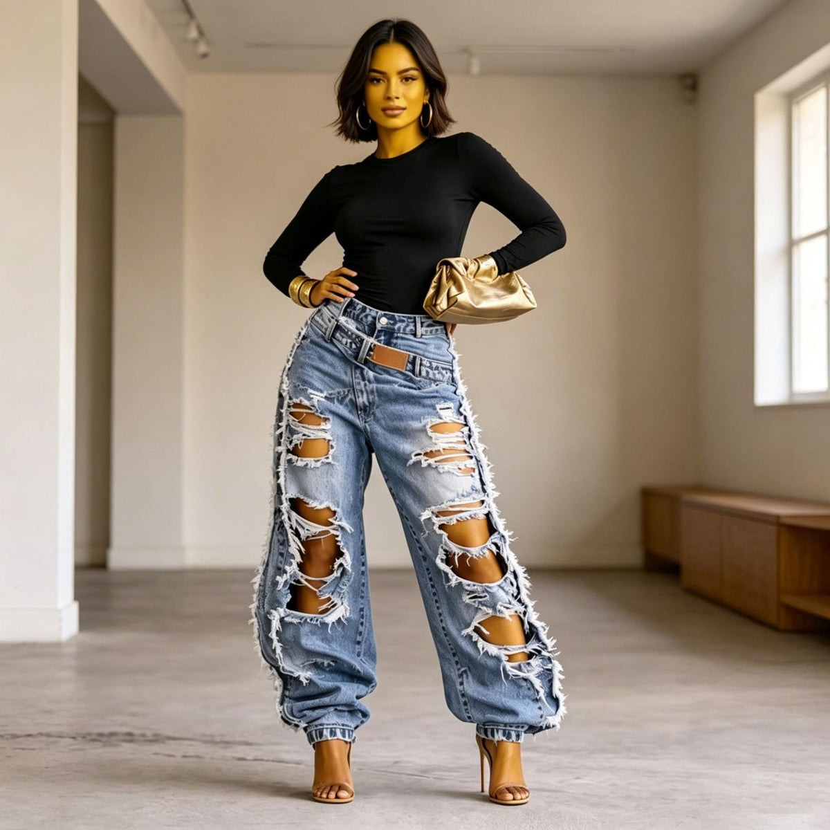 Layered Washed Wide-Leg Jeans – Women's Streetwear Style