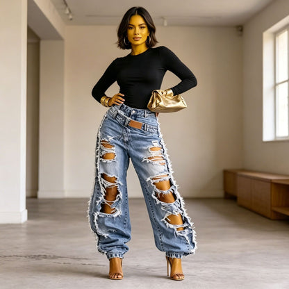 Layered Washed Wide-Leg Jeans – Women's Streetwear Style