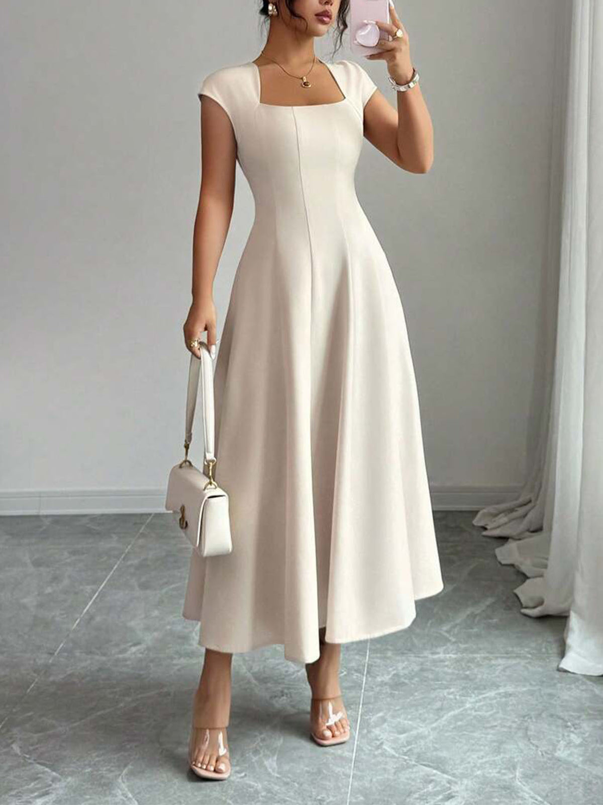 Square Neck Short-Sleeve Maxi Dress