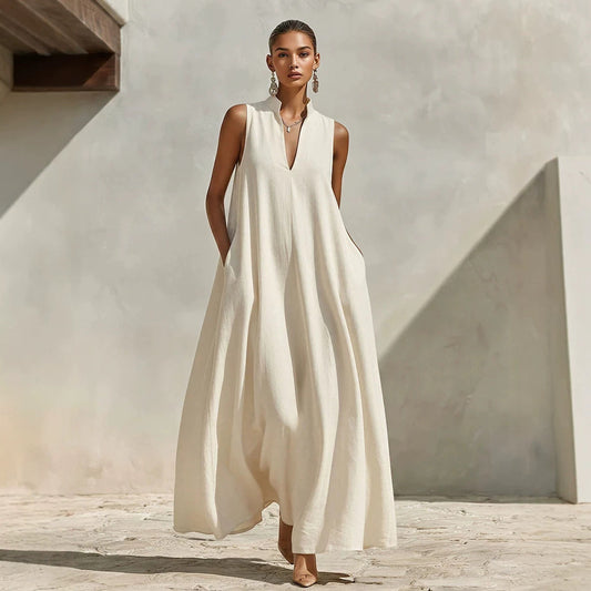 Stand Collar Sleeveless Linen Blend Pocketed Oversized Maxi Dress