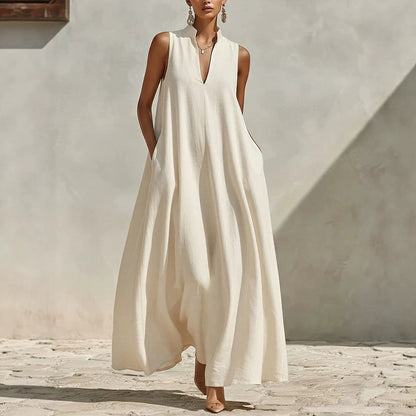 Stand Collar Sleeveless Linen Blend Pocketed Oversized Maxi Dress
