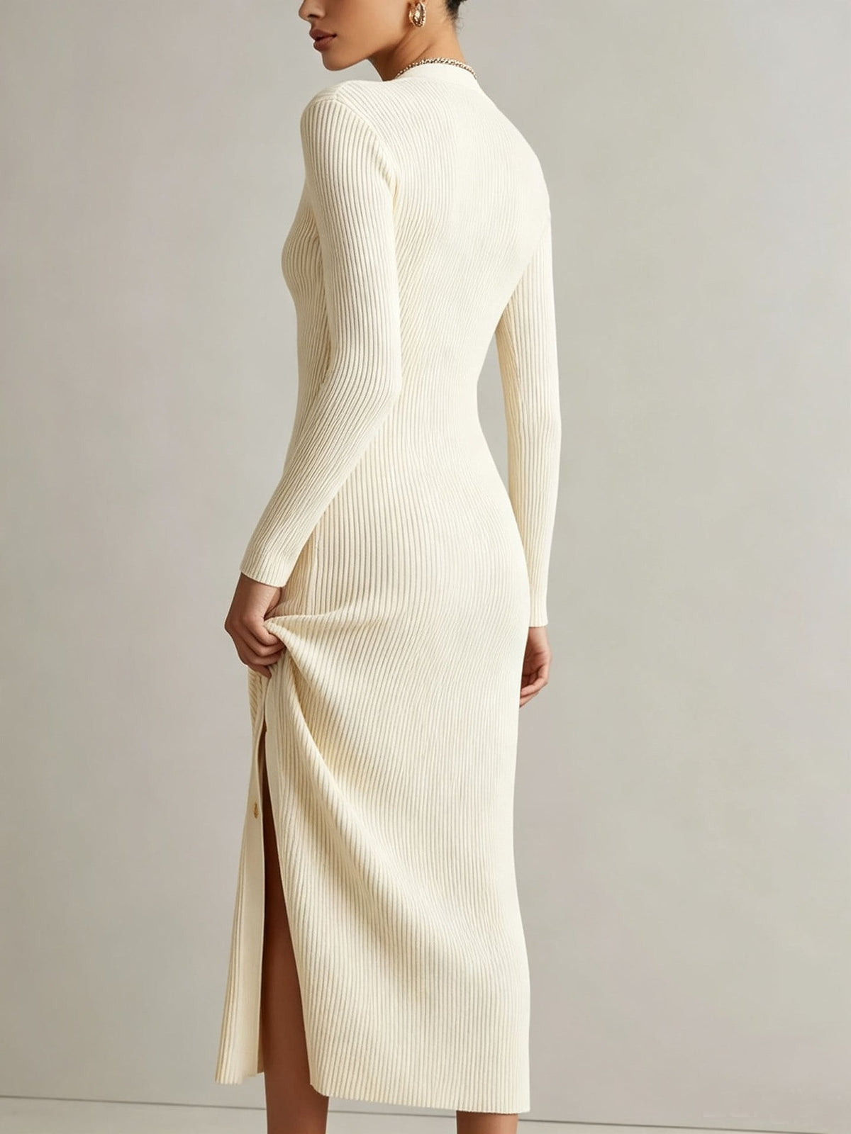 V‑Neck Button Front Ribbed Knit Slit Midi Dress