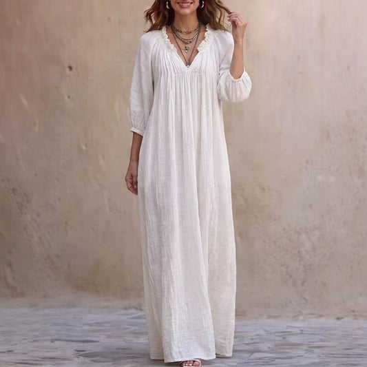 V‑Neck Ruffle Boho Maxi Dress Lantern 3/4 Sleeve Loose Casual Beach Cover‑up Caftan