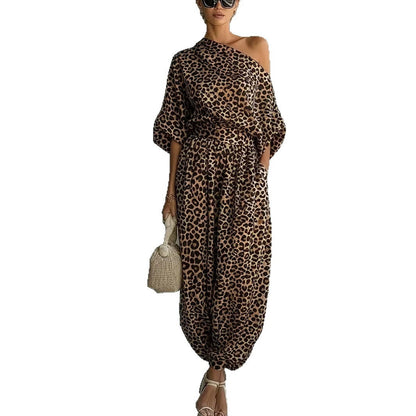 Leopard Print One Shoulder Batwing Top & Cuffed Harem Jogger 2 Piece Co-Ord Set