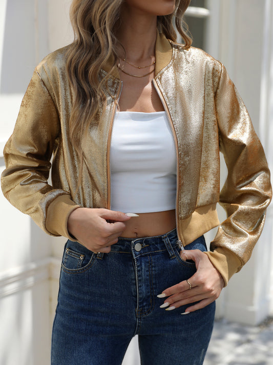 Gold Foil Zip-Up Casual Jacket – Women’s Spring/Fall Style