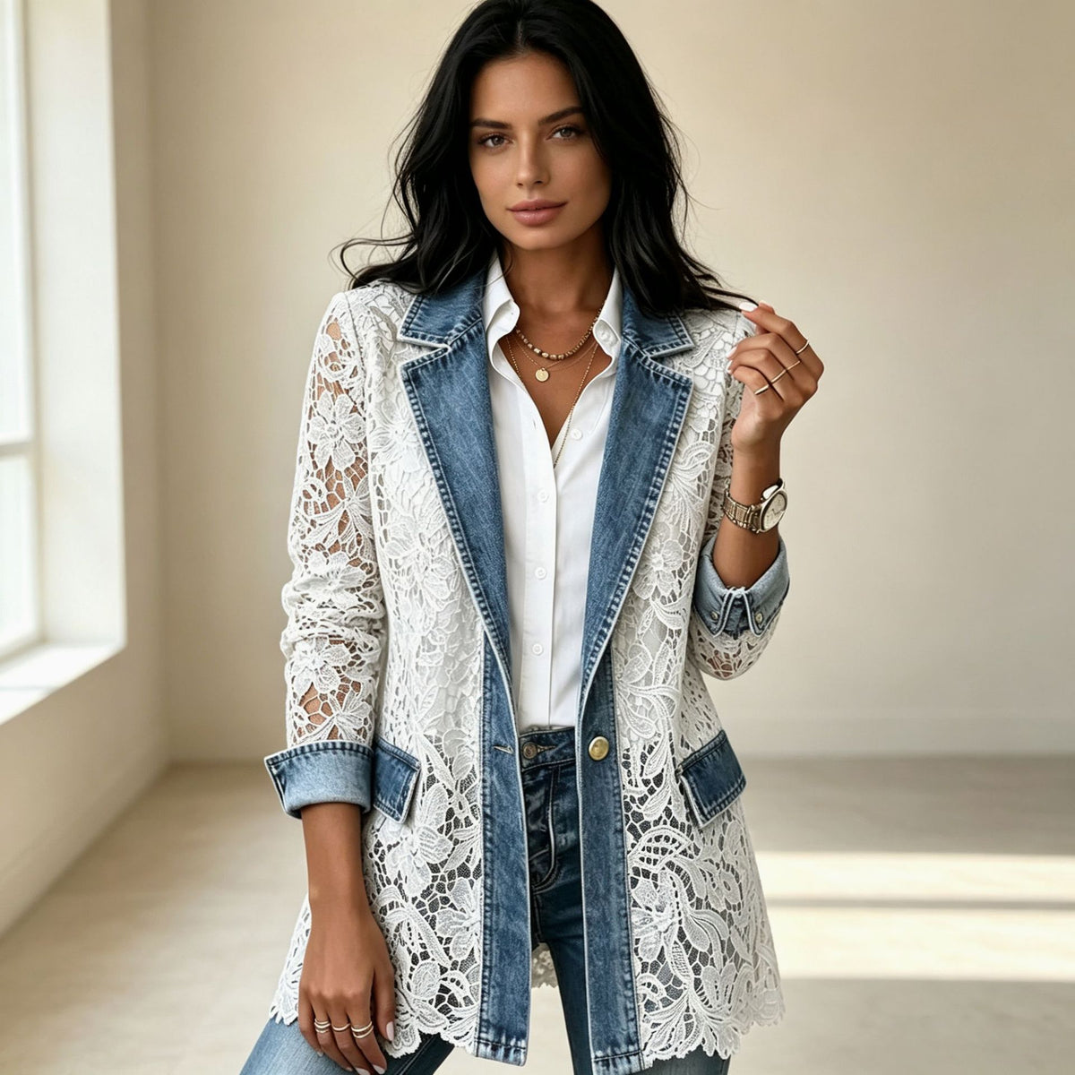 Floral Lace Panel Mid-Length Blazer Coat