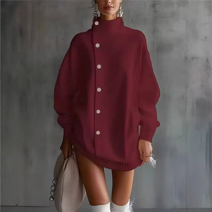 Oversized Asymmetric Button Turtleneck Knit Mini Dress
