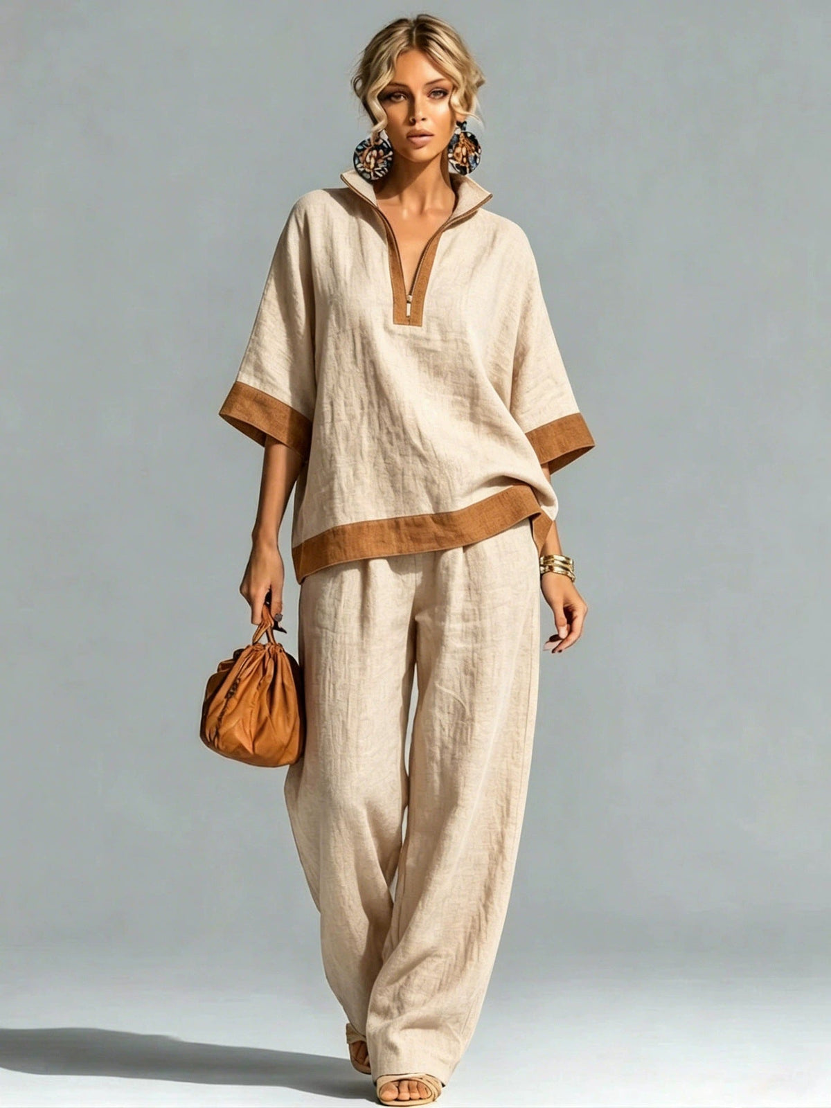 Linen Contrast Brown Trim Half Zip Collar Loose Two Piece Wide Leg Pant Set