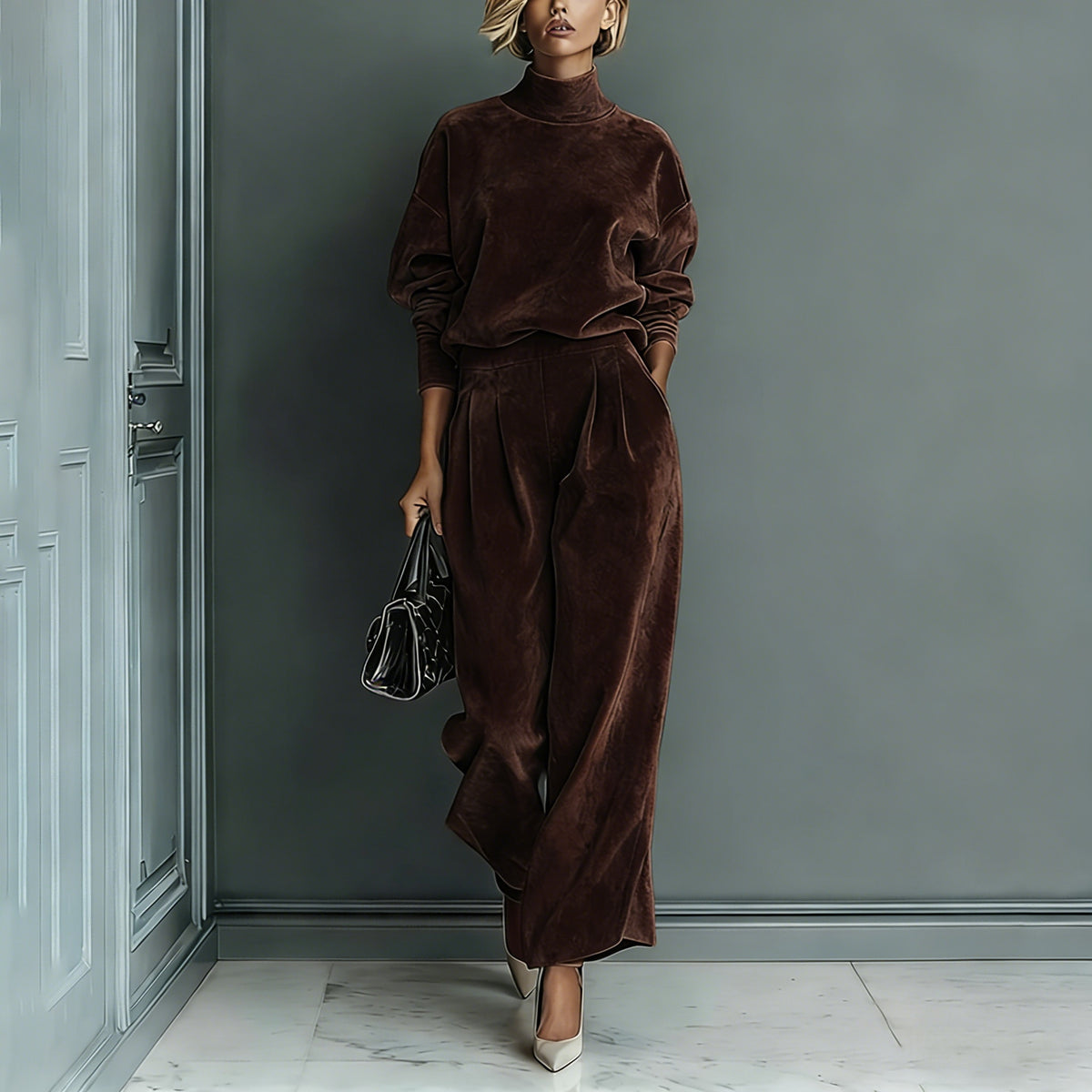 Knit Long-Sleeve Top & Wide-Leg Pants Two-Piece Set