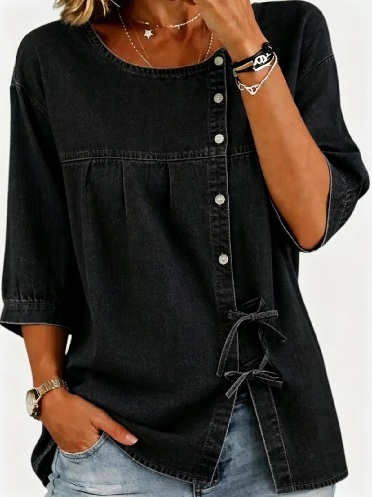 Denim Tie-Front Blouse – Women’s Relaxed Casual Top
