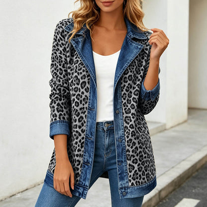 Leopard Print Denim Jacket – Women's Casual Oversized Style