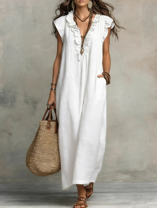 Boho Ruffled V-neck Linen Maxi Dress