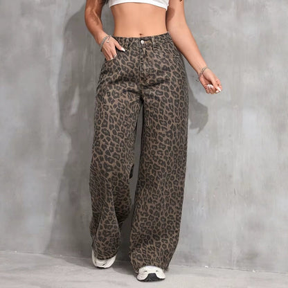 High-Waisted Leopard Wide-Leg Jeans