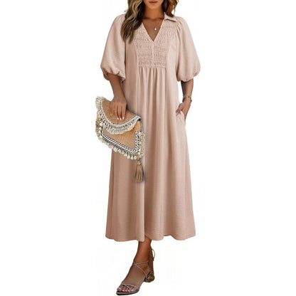 Smocked V‑Neck Puff‑Sleeve Midi Dress