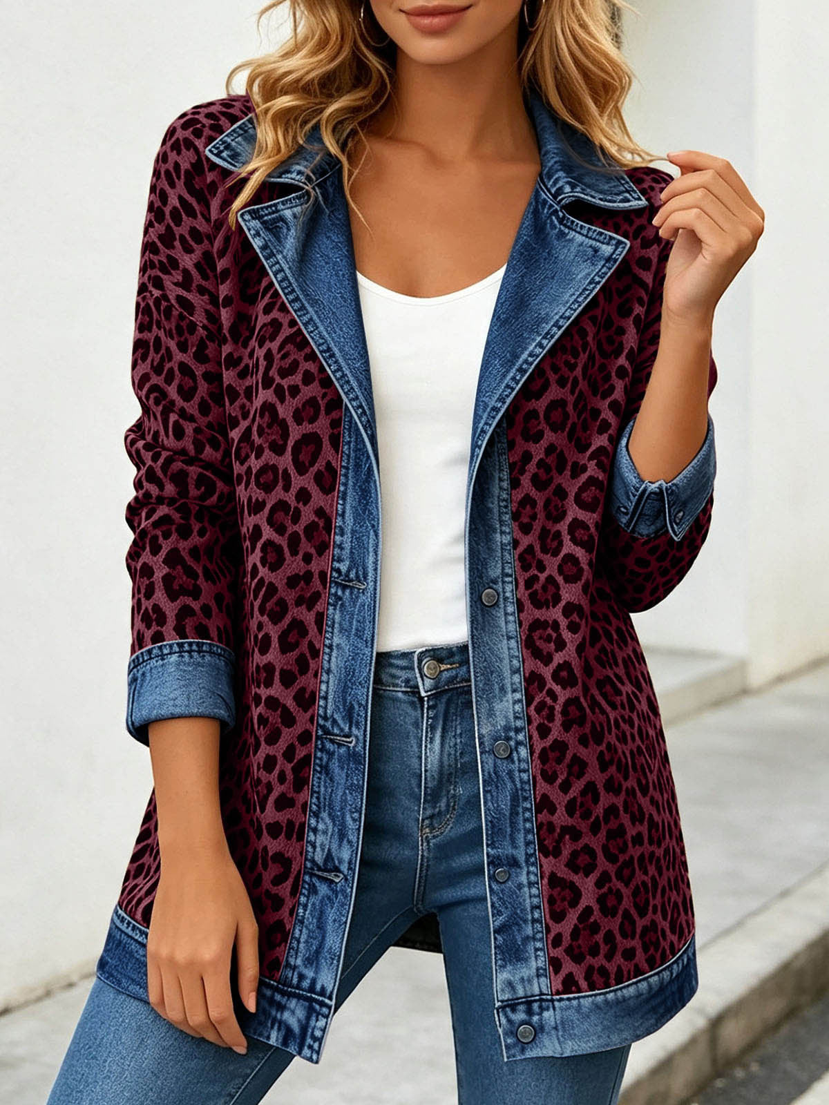 Leopard Print Denim Jacket – Women's Casual Oversized Style