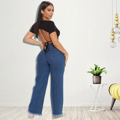 Embroidered Washed Denim Jeans