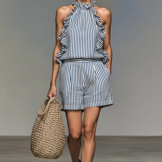 Blue White Vertical Stripe Ruffle Halter Top & High Waist Pocket Shorts 2 Piece Co-Ord Set