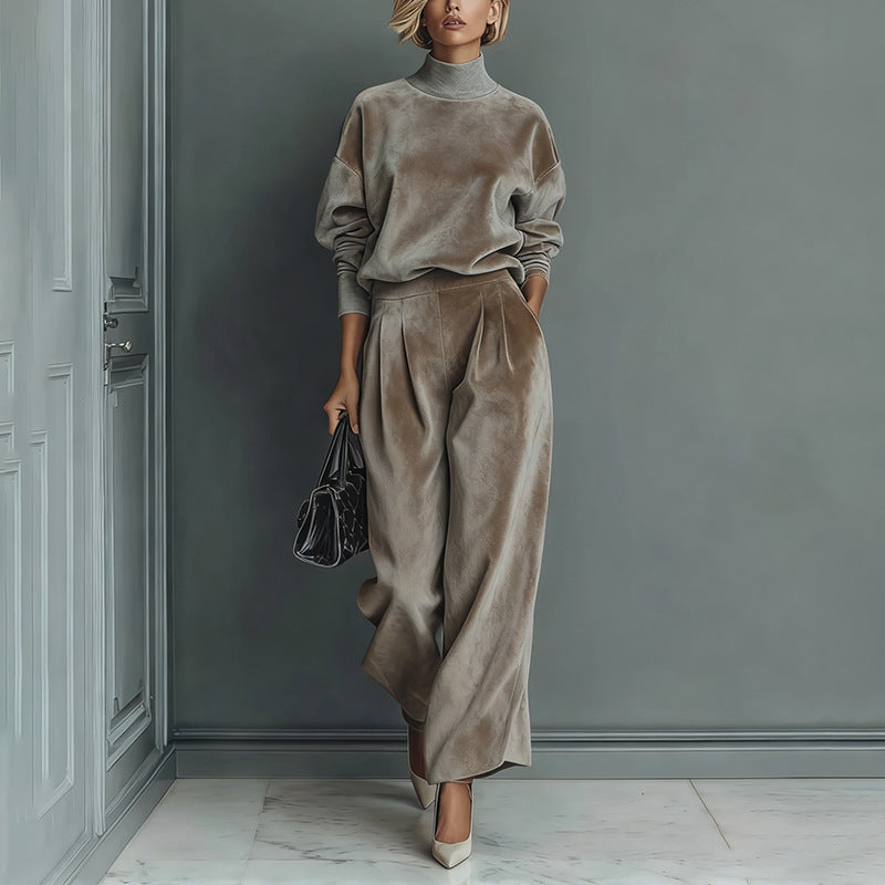 Knit Long-Sleeve Top & Wide-Leg Pants Two-Piece Set