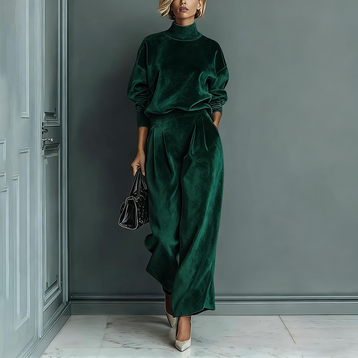 Knit Long-Sleeve Top & Wide-Leg Pants Two-Piece Set