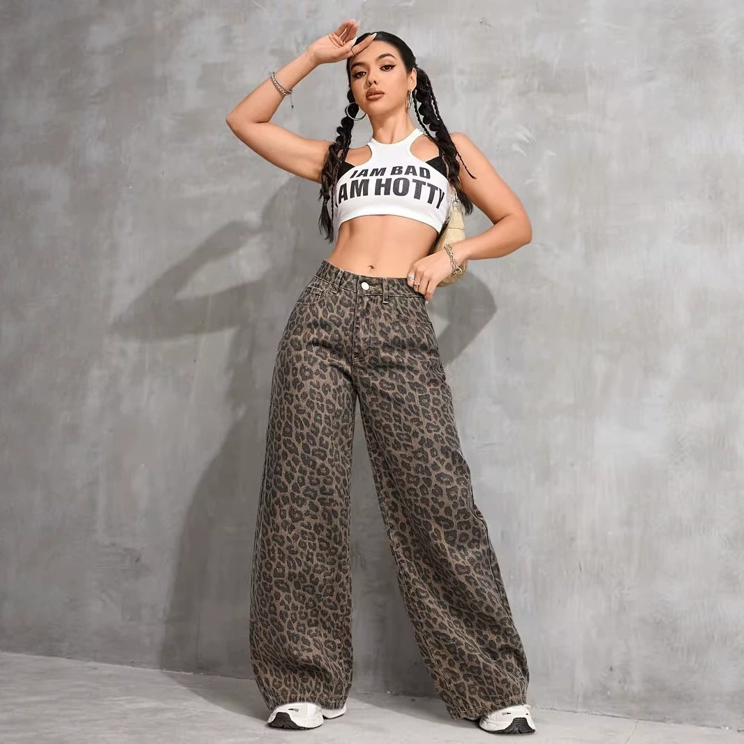 High-Waisted Leopard Wide-Leg Jeans