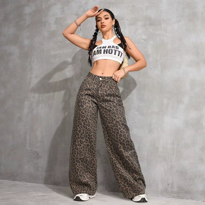 High-Waisted Leopard Wide-Leg Jeans