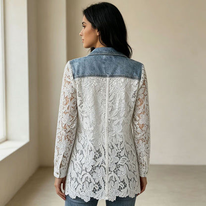 Floral Lace Panel Mid-Length Blazer Coat