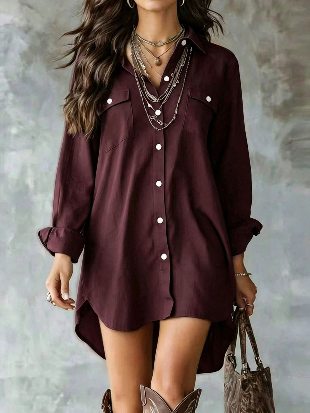 Linen Blend Button-Down Slit Shirt Dress