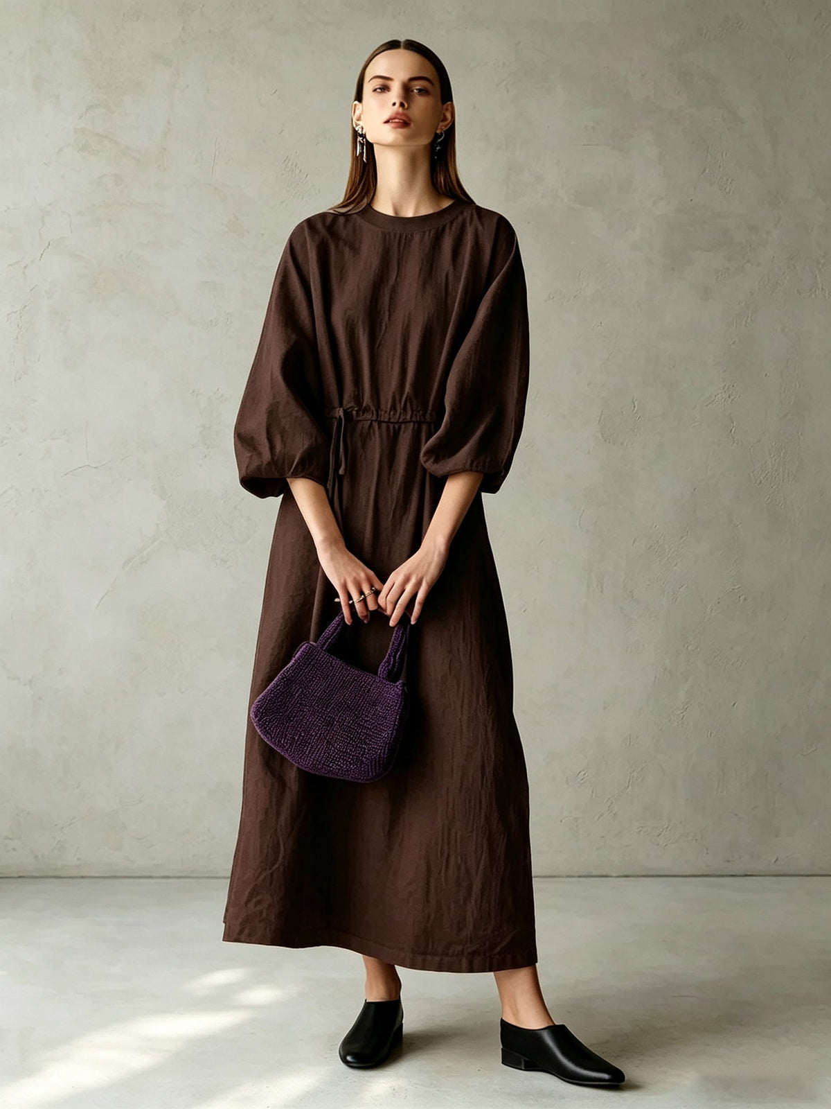 Women's Cream Textured Cotton-Blend Maxi Gown With Drop Shoulder Lantern Sleeves & Self Tie Waist Detail, Modern Effortless-Chic Everyday Maxi Dress