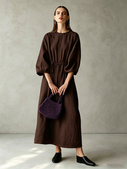 Women's Cream Textured Cotton-Blend Maxi Gown With Drop Shoulder Lantern Sleeves & Self Tie Waist Detail, Modern Effortless-Chic Everyday Maxi Dress