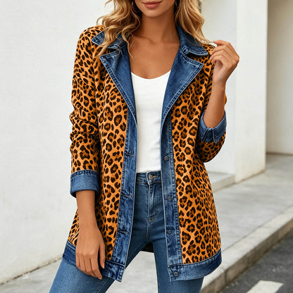 Leopard Print Denim Jacket – Women's Casual Oversized Style