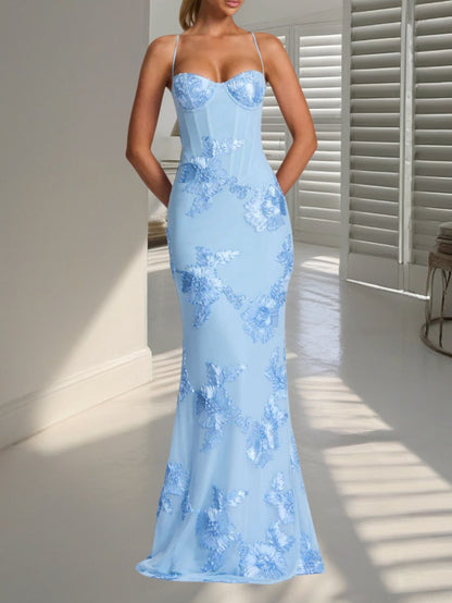 Women’s Embroidered Lace-Up Corset Maxi Dress