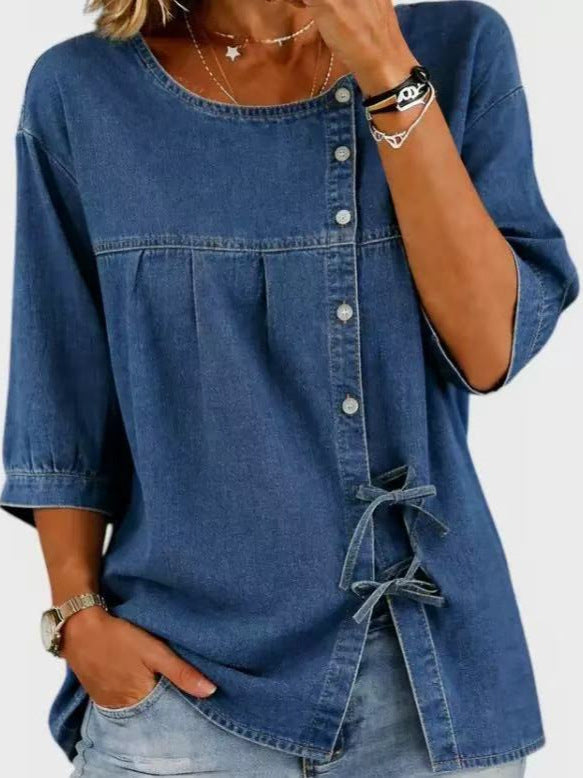 Denim Tie-Front Blouse – Women’s Relaxed Casual Top