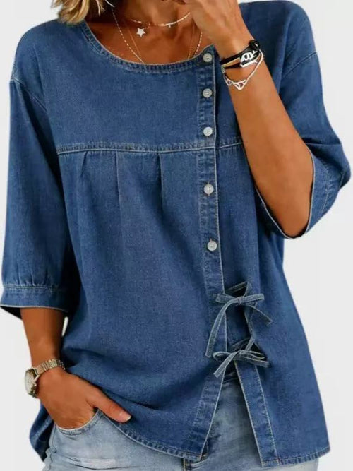 Denim Tie-Front Blouse – Women’s Relaxed Casual Top