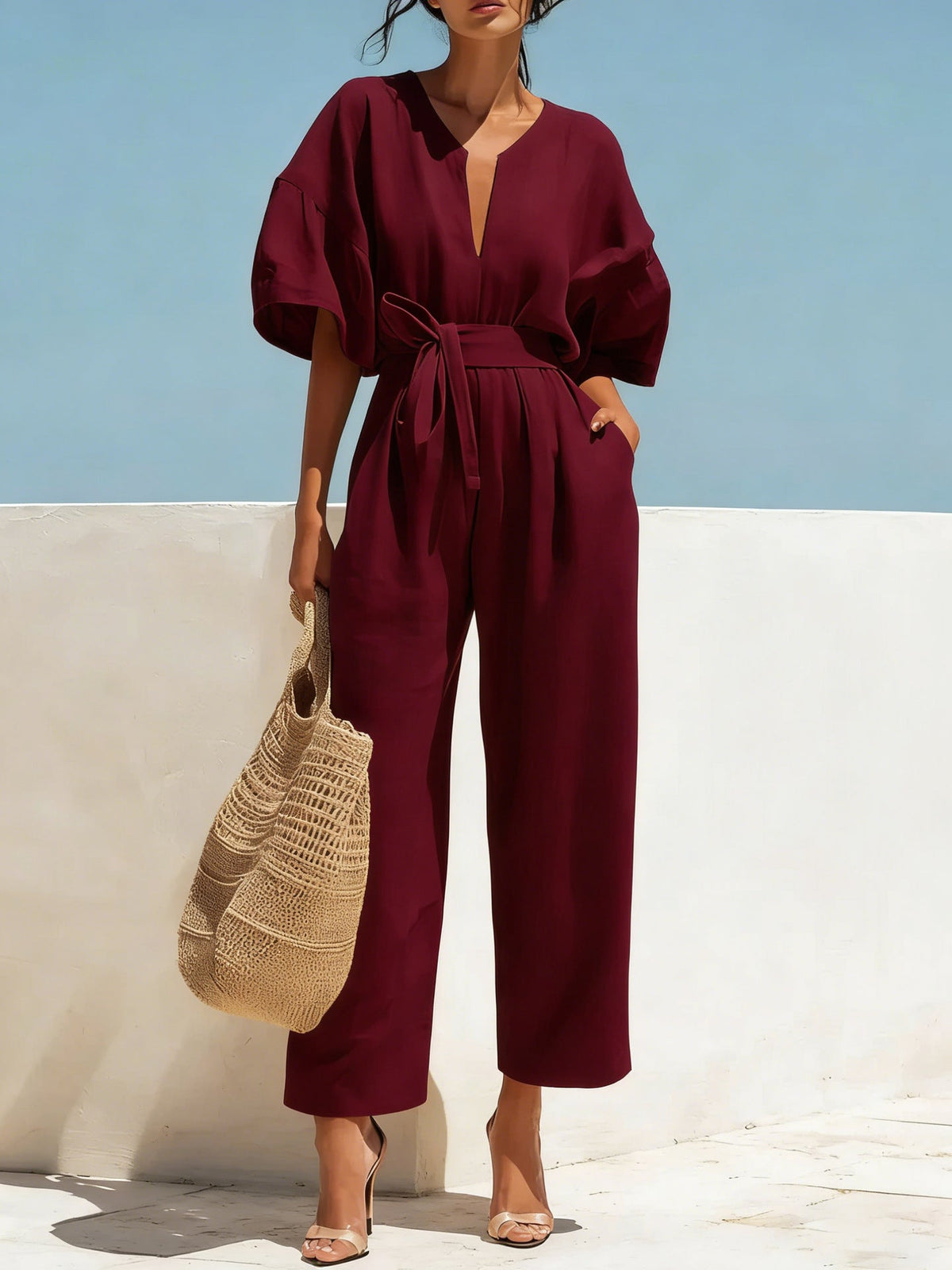Women's Casual Linen Jumpsuit with Lantern Sleeves