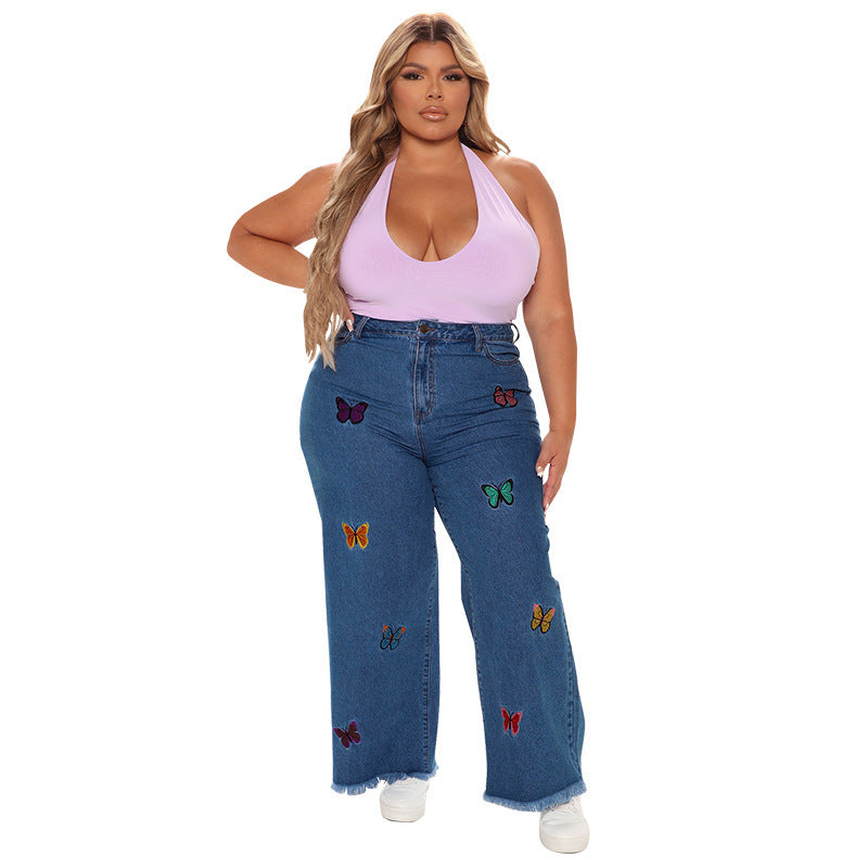 Embroidered Washed Denim Jeans