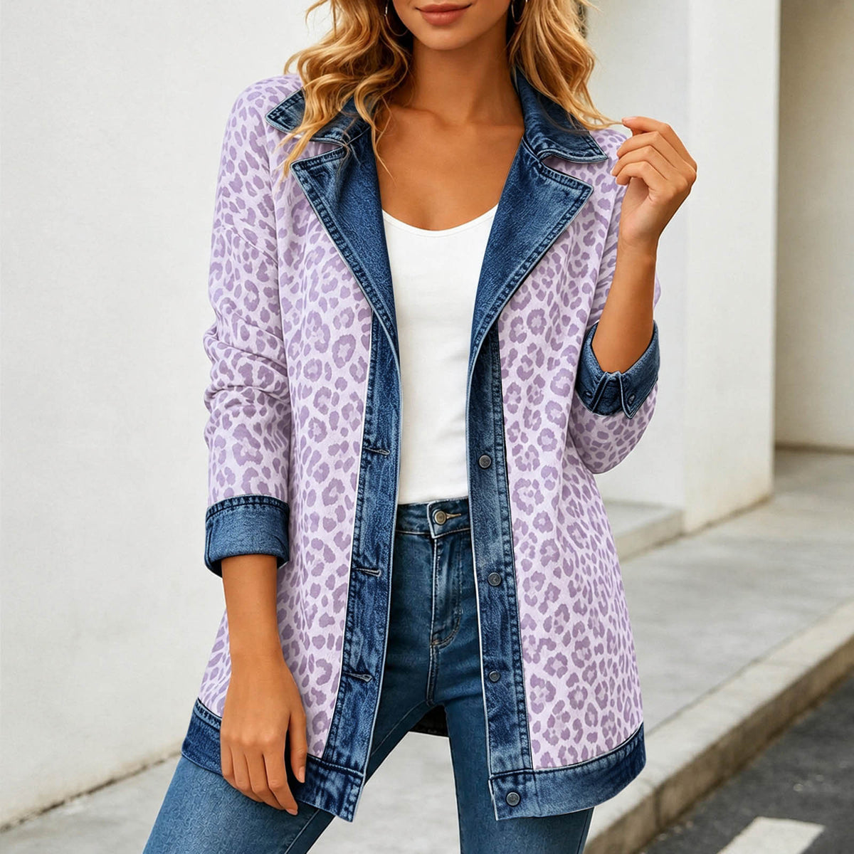 Leopard Print Denim Jacket – Women's Casual Oversized Style