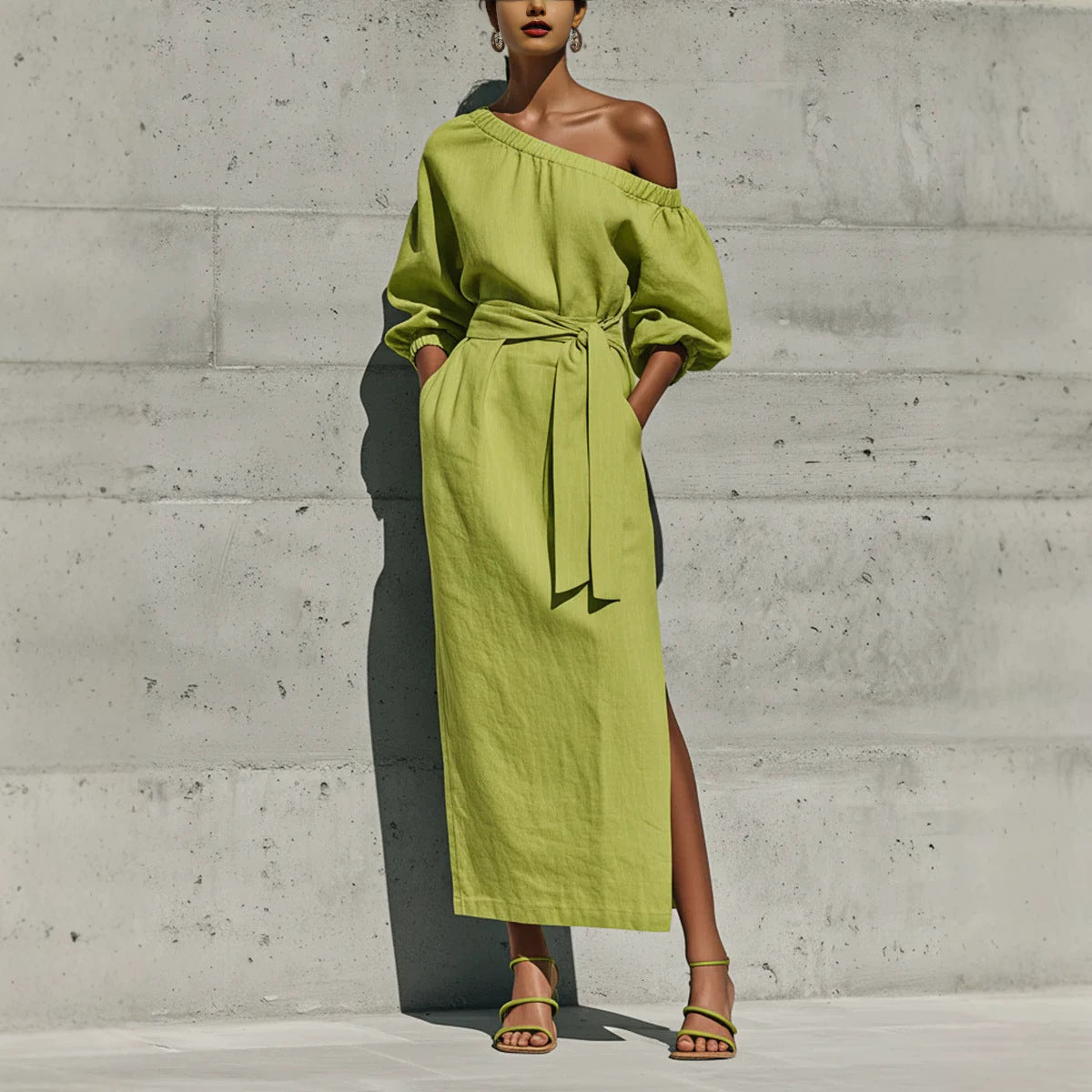 Linen One Shoulder Balloon Sleeve Self Tie Waist Side Slit Midi Dress