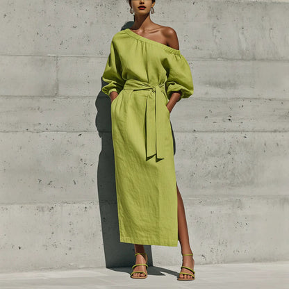 Linen One Shoulder Balloon Sleeve Self Tie Waist Side Slit Midi Dress