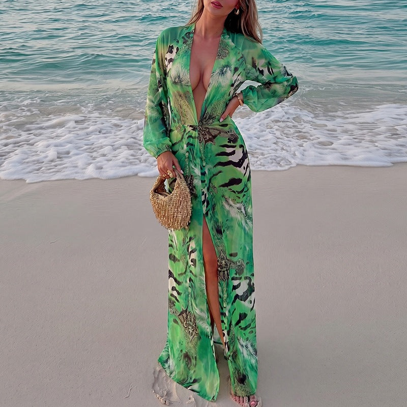 Deep V Backless Slit Maxi Dress