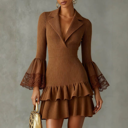 Blazer Collar Ribbed Knit Mini Dress With Lace Flare Sleeves