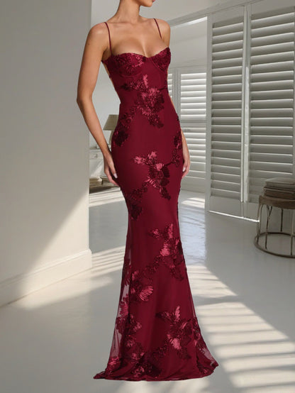 Women’s Embroidered Lace-Up Corset Maxi Dress