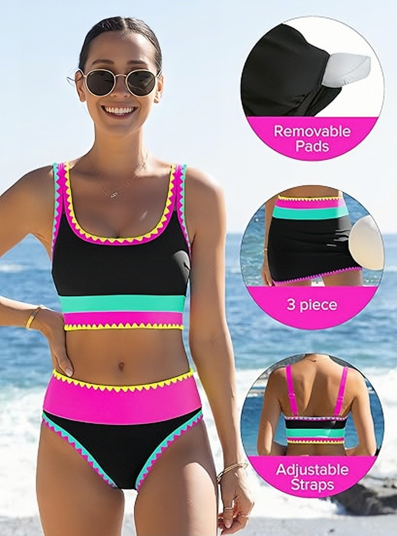 Color Contrast Patchwork Nylon Sporty 3 Piece Bikini Sets