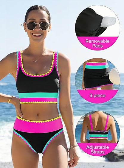 Color Contrast Patchwork Nylon Sporty 3 Piece Bikini Sets