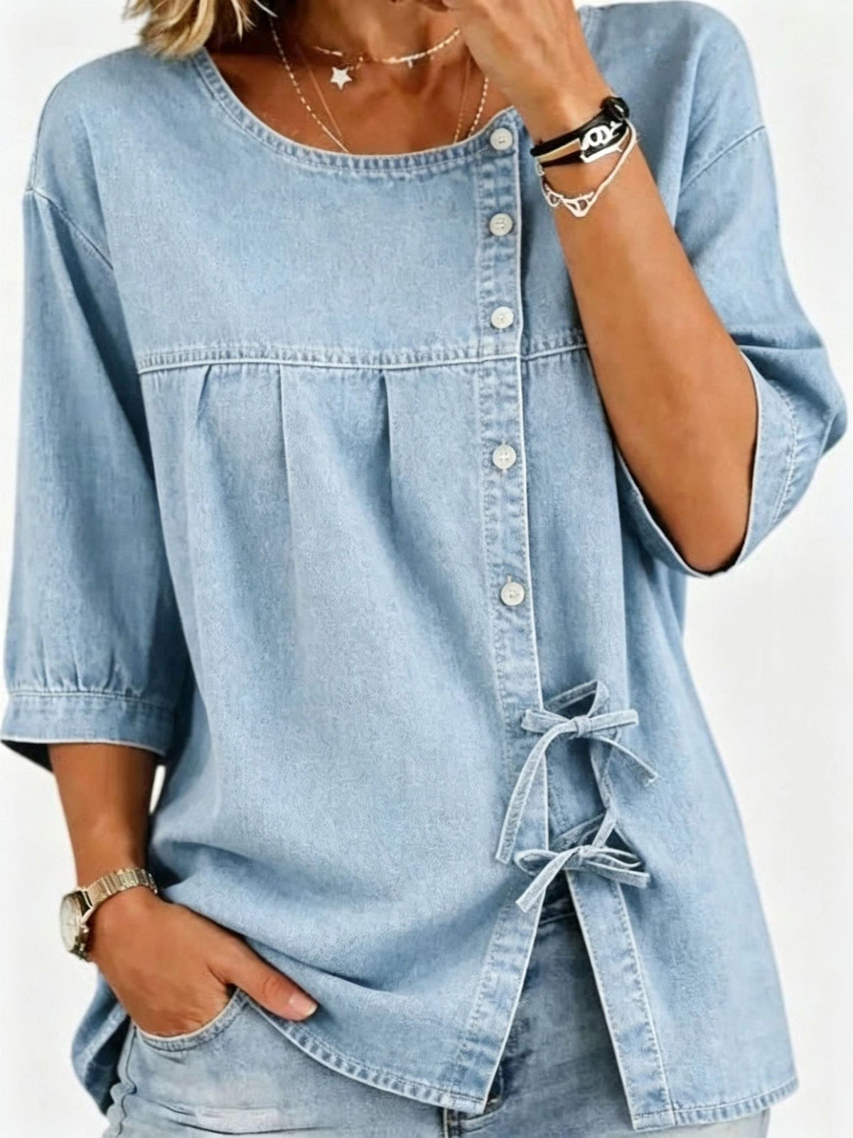 Denim Tie-Front Blouse – Women’s Relaxed Casual Top
