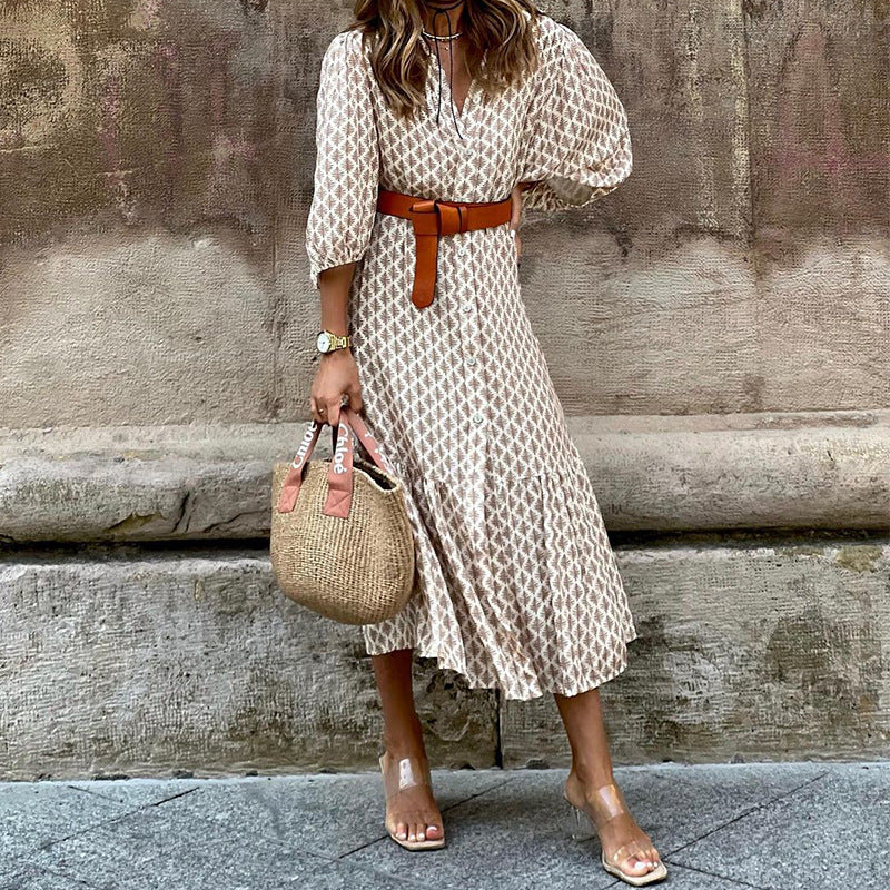 Belted Printed V-Neck Maxi Dress