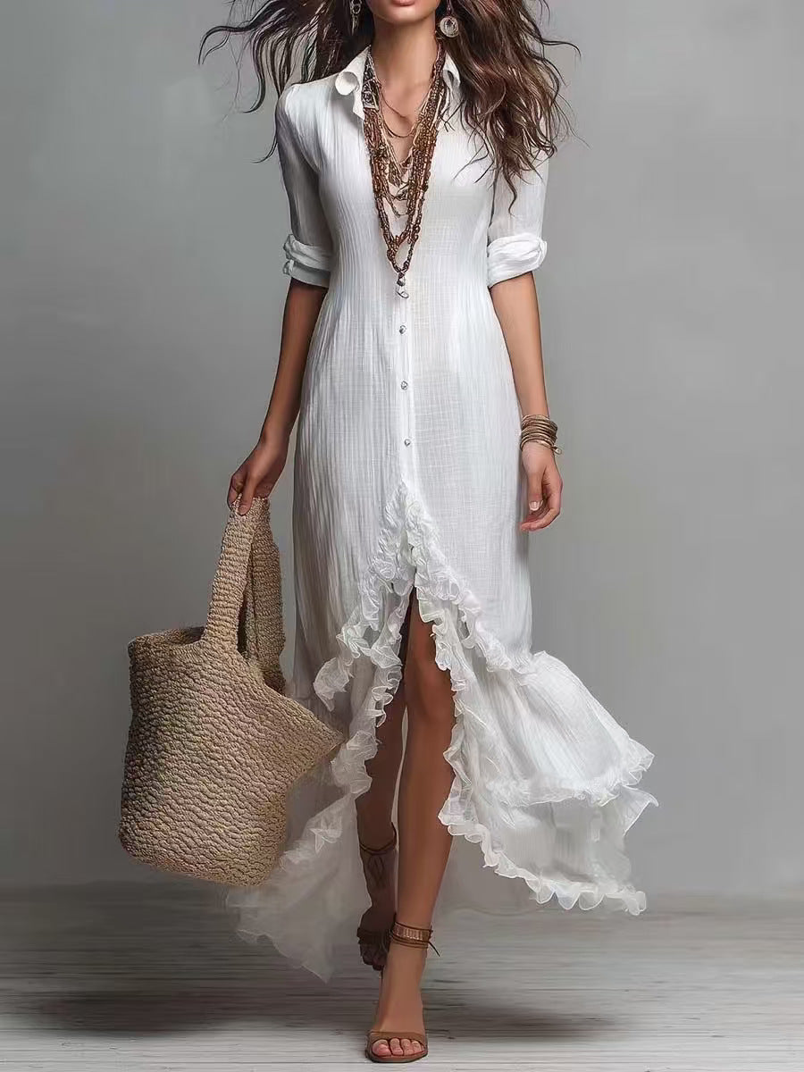 Blush Ruffle Hem Button Down Shirt Maxi Dress