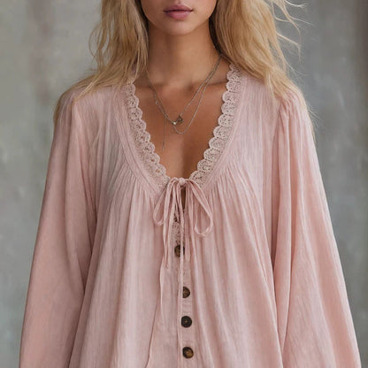 V‑Neck Lace Trim Boho Mini Dress Bell Long Sleeve Tie Front Loose Ruffle Hem Tunic Dress
