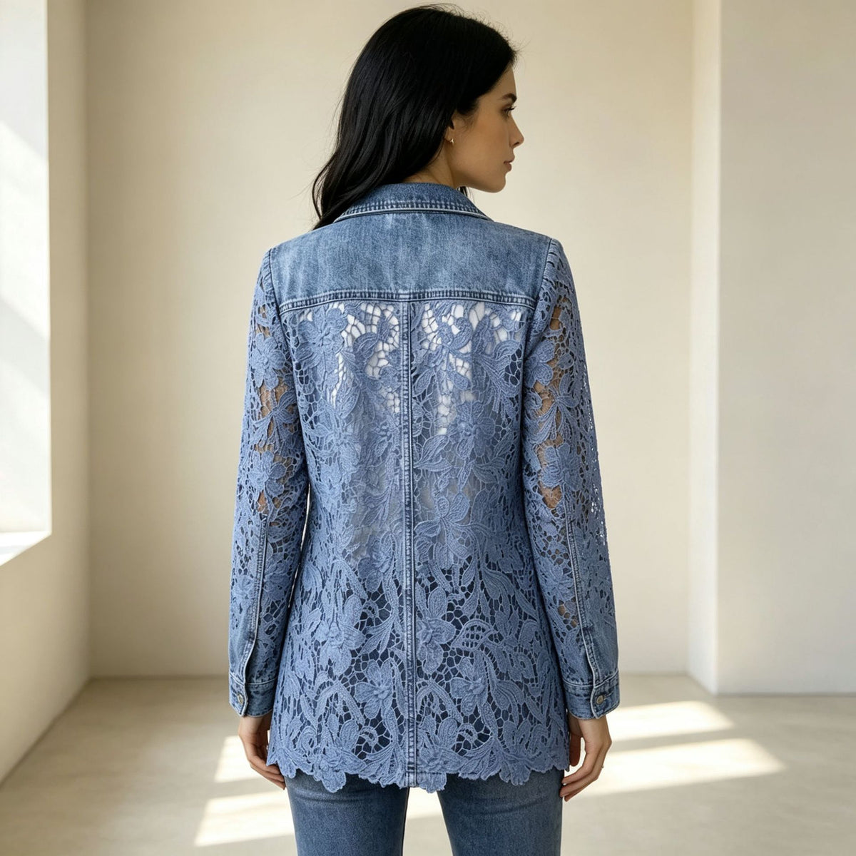 Floral Lace Panel Mid-Length Blazer Coat