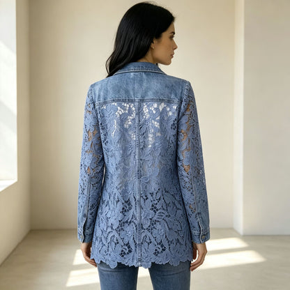 Floral Lace Panel Mid-Length Blazer Coat