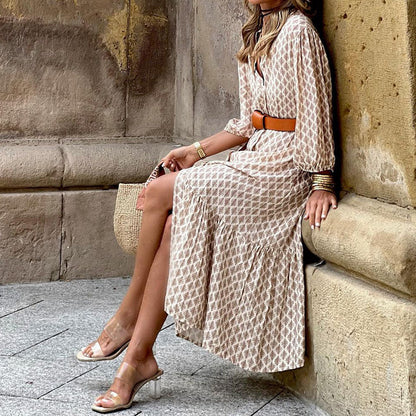 Belted Printed V-Neck Maxi Dress
